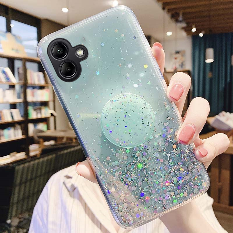 New Phone case Samsung Galaxy M06 Back cover Glittering Soft Stars Moon Sequins Folding Stand Transparent Silicone Anti Drop for Samsung M06 case. 