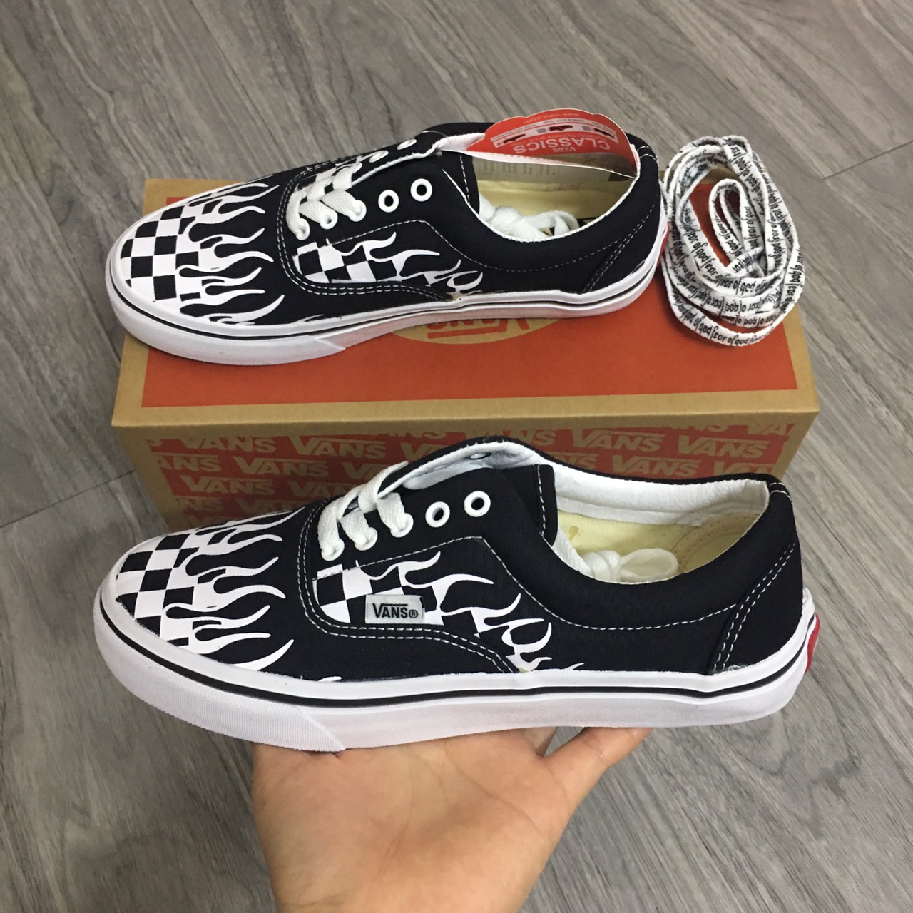 [TẶNG HỘP] Giày ván slip on lười caro lửa ĐỎ size 36-43 NAM NỮ COUPLE