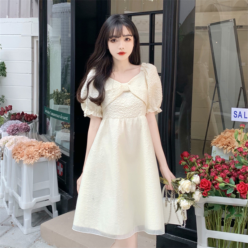 XIYUYI French retro design princess dress with puff sleeves and square neck