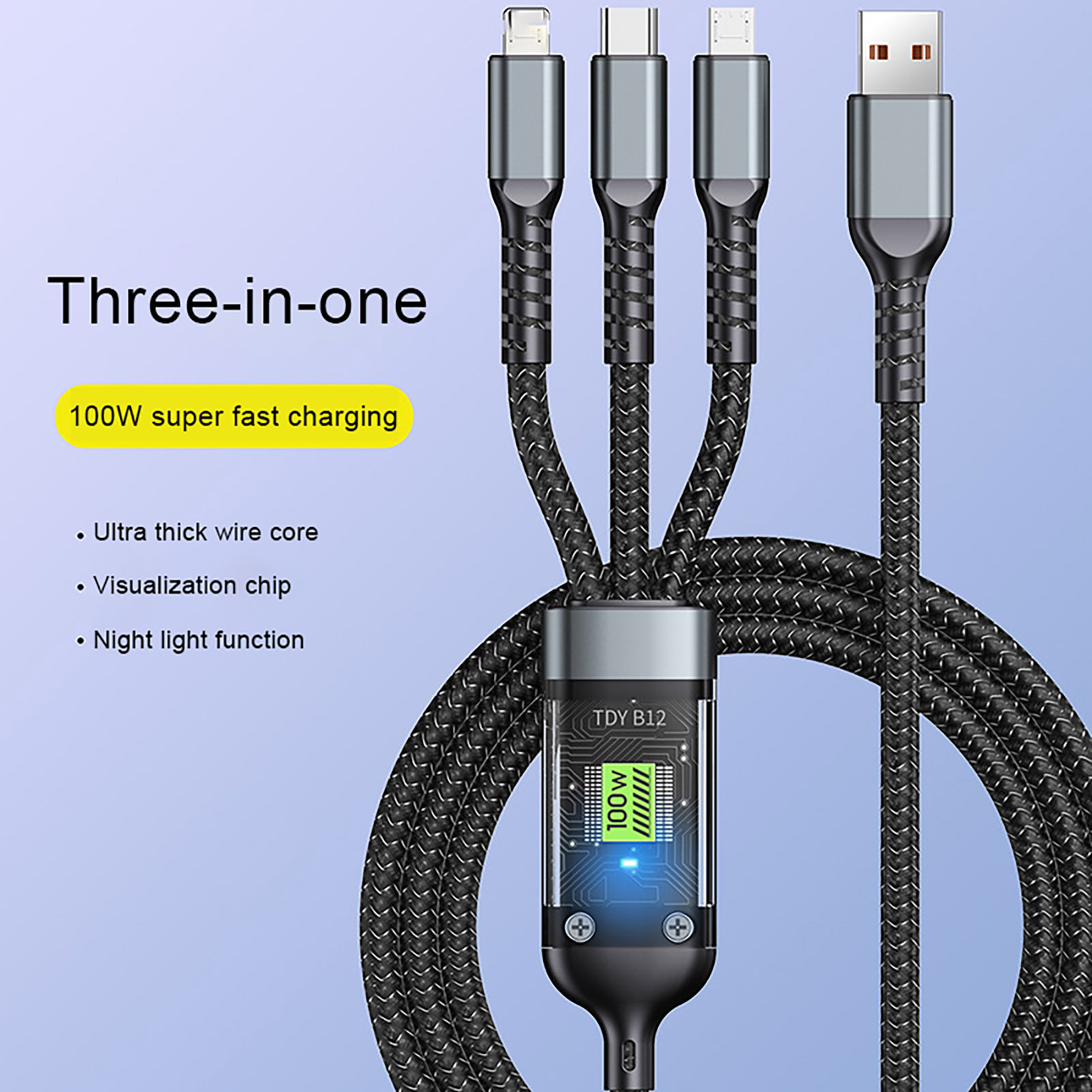 100w Fast Charging Cable High Power Usb Cable 3-in-1 Fast Charging Cable with Type-c and Micro Usb Connectors Multi Charger Cable for Universal Devices Nylon Braided