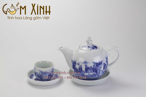 Bộ ấm chén Bát Tràng chóp lửa men lam cổ