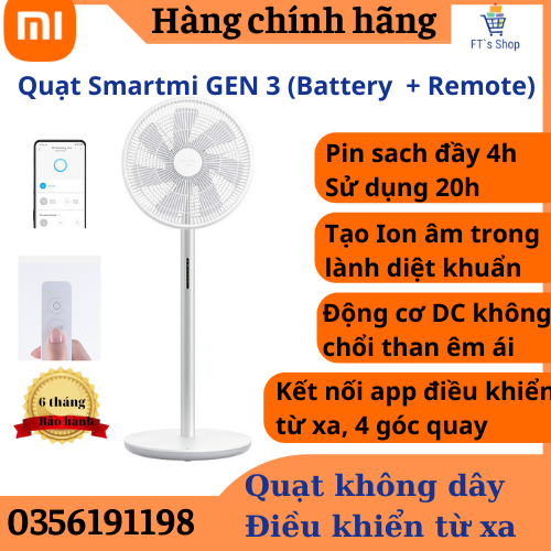 [Hàng cao cấp] Quạt tích điện Thông Minh Smartmi Gen 3 (ZLBPLDS05ZM) , Wireless fan– Bản Quốc Tế (Kèm điều khiển), Điều khiển qua MI APP, 100 cấp độ gió, 4 góc độ xoay