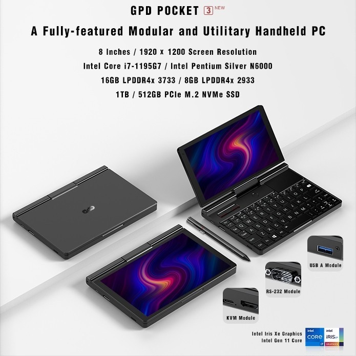 GPD Pocket 3 N6000 8/512GB SSD 8" FHD Mini Modular Laptop Windows 10