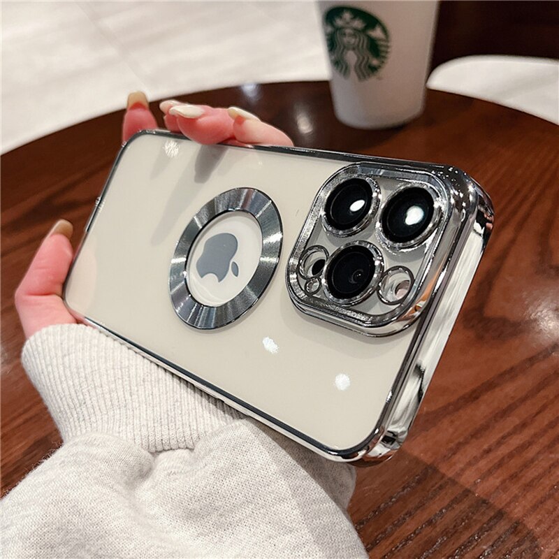 Clear plating case for iphone 11 12 13 14 pro max plus mini xs max xr x se2020 7 8 plus logo hole lens protective cases cover