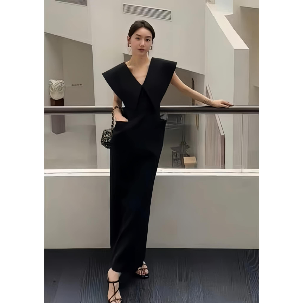 Váy chờm tay túi cổ v trơn eclipse clothing