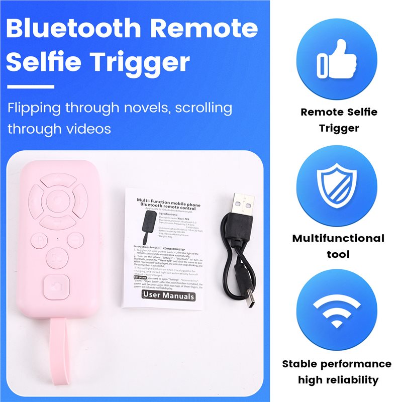 Protable Bluetooth Remote Control Mobile Bluetooth Remote for Focusing, Photography, Video Recording, , and Page Turning Pink.
