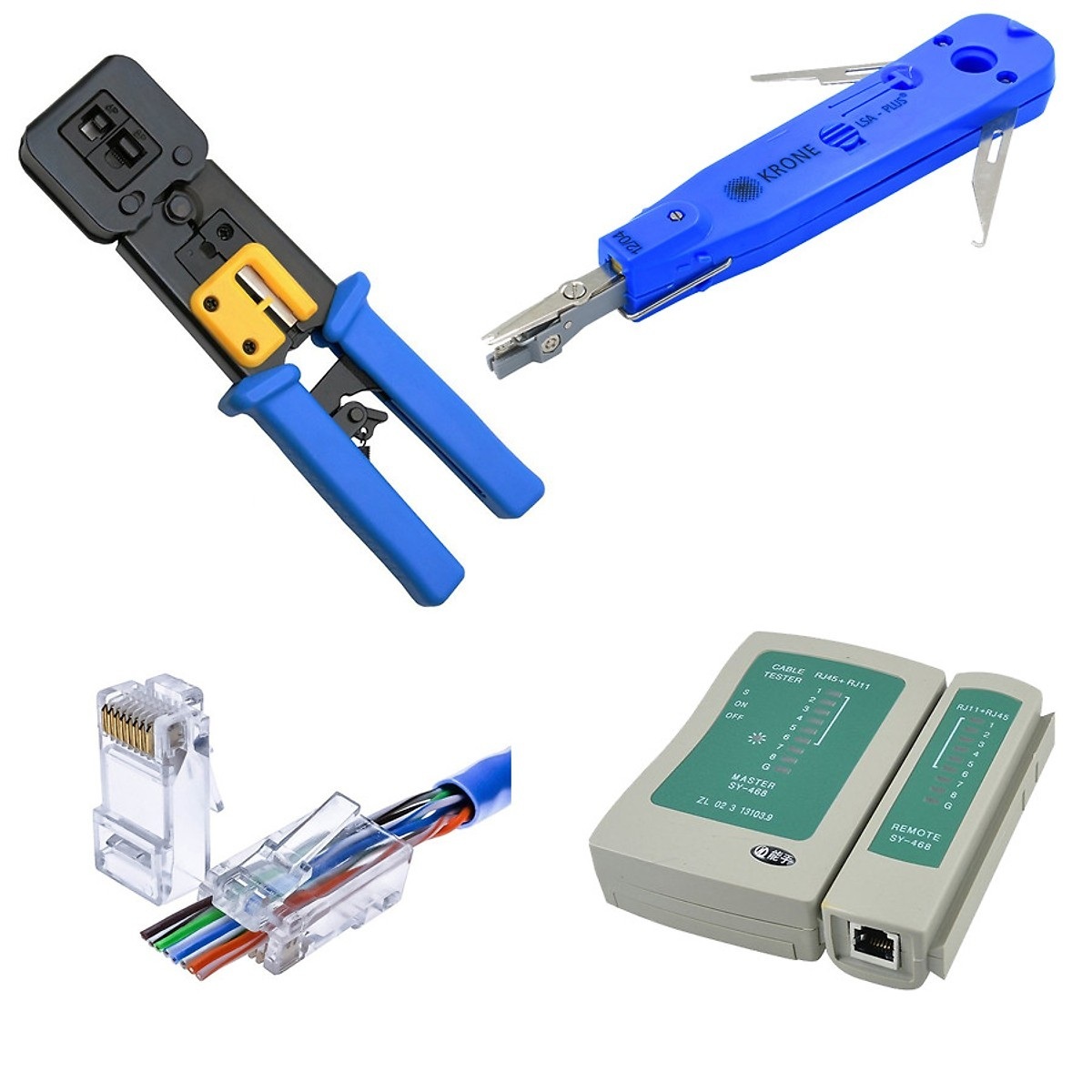 Combo Kìm bấm mạng xuyên thấu + Tool nhấn mạng âm tường + 100 Hạt mạng xuyên thấu RJ45 + Hộp test mạng
