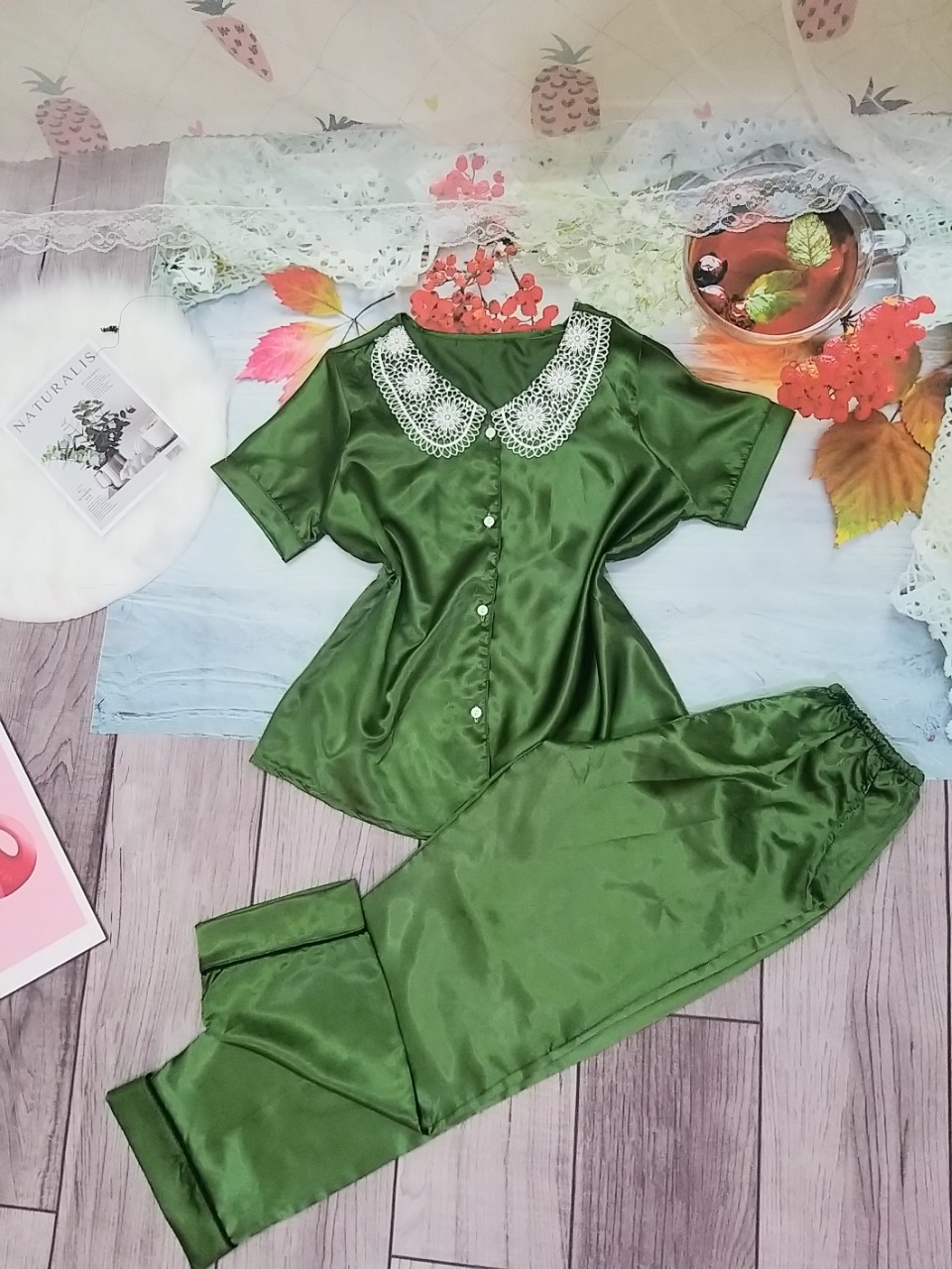 Set Pijama Tay Ngắn Tiểu Thư Siêu Xinh  Đồ Bộ Pijama Tay Ngắn Nữ Vải Phi Bóng Freesize dưới 58kg
