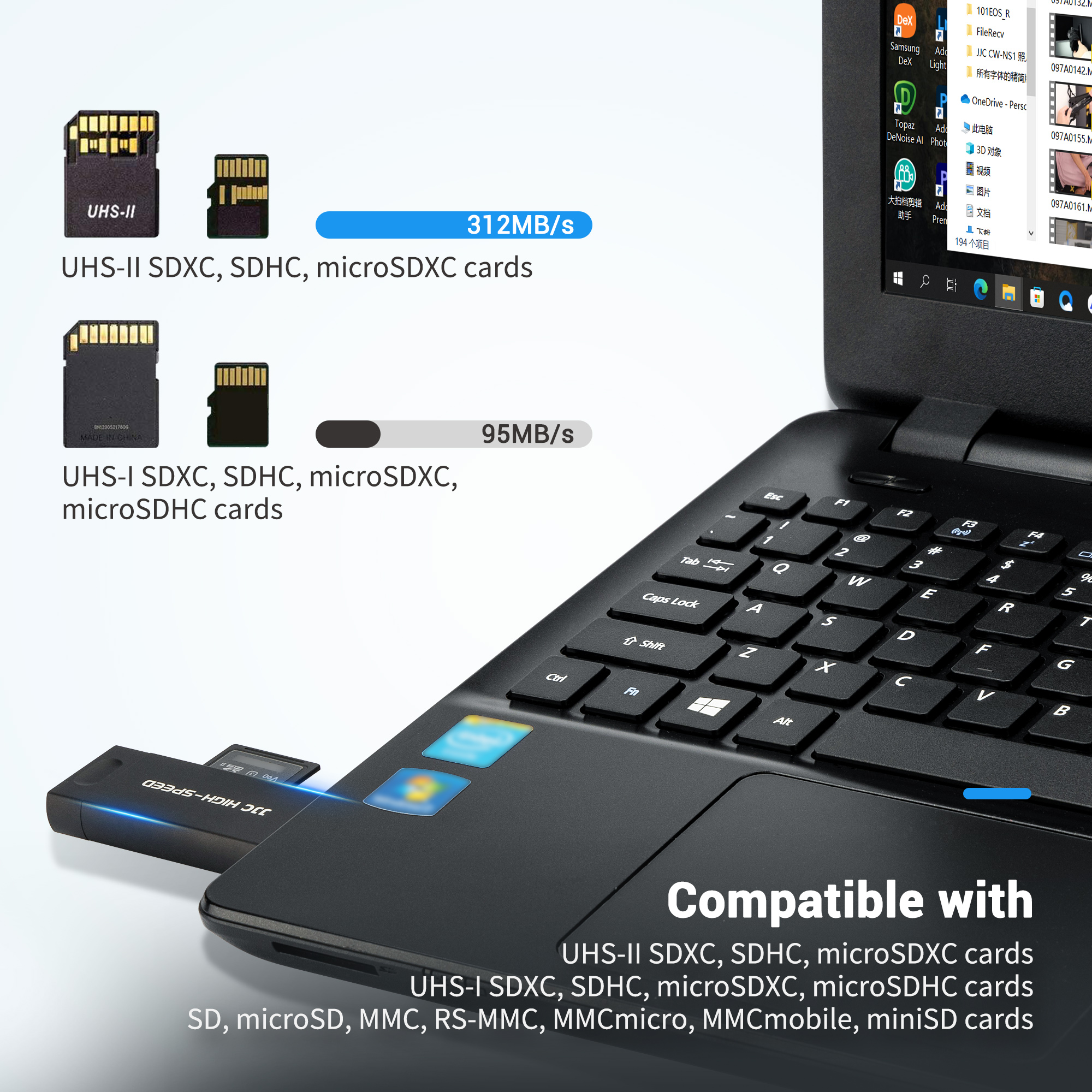Đầu đọc thẻ nhớ JJC UHS-II SD micro SD, cổng kết nối 3 trong 1 USB 3.1 USB-C Type-C 3.1 micro USB 2.0, tốc độ truyền cao lên đến 312MB / s, tương thích với máy tính, laptop, OTG cho phép điện thoại và máy tính bảng