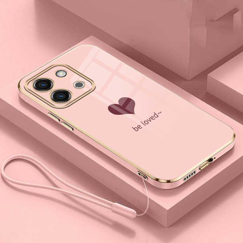 Vivo Y28 Y18 Y18s VivoY28 Luxury Love Heart Casing Square Edges Plating Back TPU Soft Case with Lanyard Cover. 