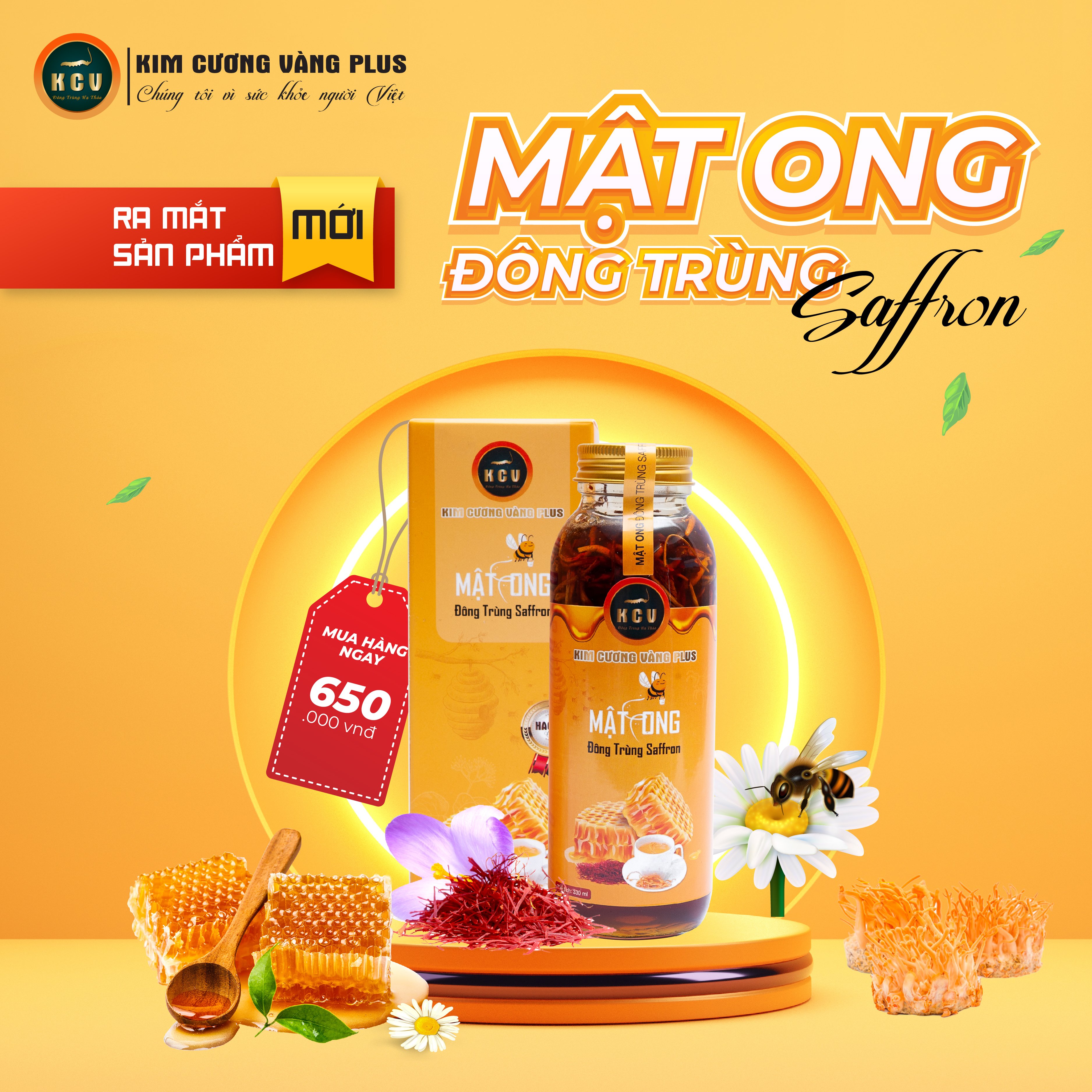 Mật Ong Đông Trùng Saffron Kim Cương Vàng (330ml/Chai)