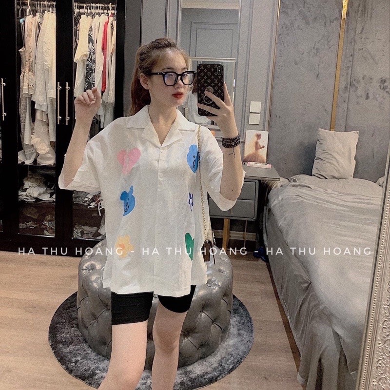 Set Bộ Đồ Nữ Áo Sơ Mi Tim Phối Quần Legging Co Giãn