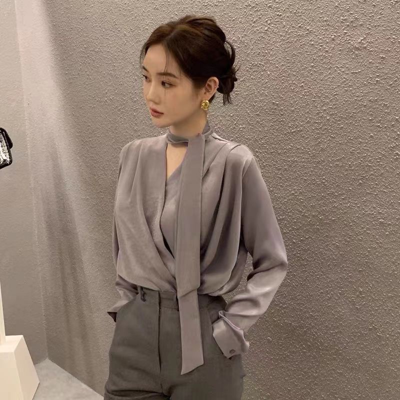 Áo sơ mi satin cao cấp cổ chữ v buộc dây chống nhăn kiểu pháp thời trang xuân thu cho nữ
