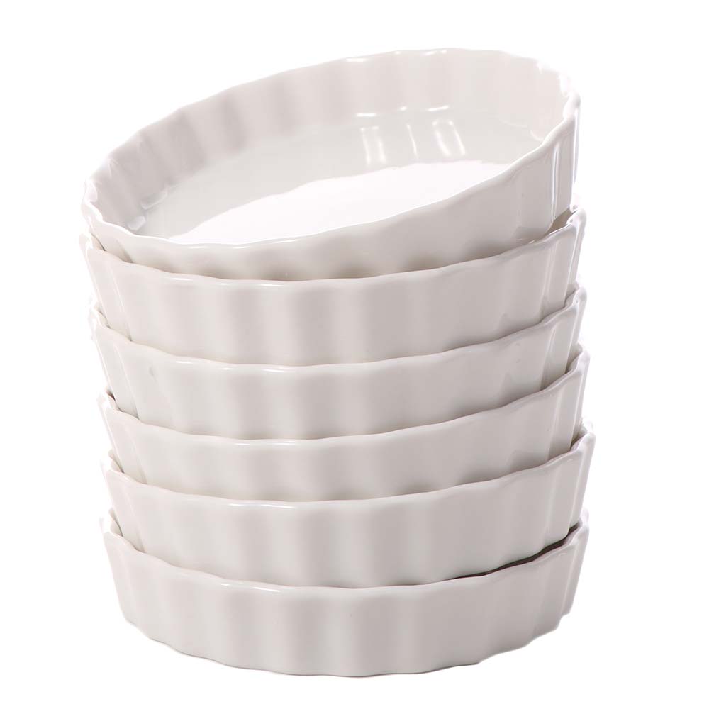 6pcs Individual Serving Ceramic Creme Brulee Ramekins Shallow Round Tart Baking Pan White Pie Baking Tray Pudding