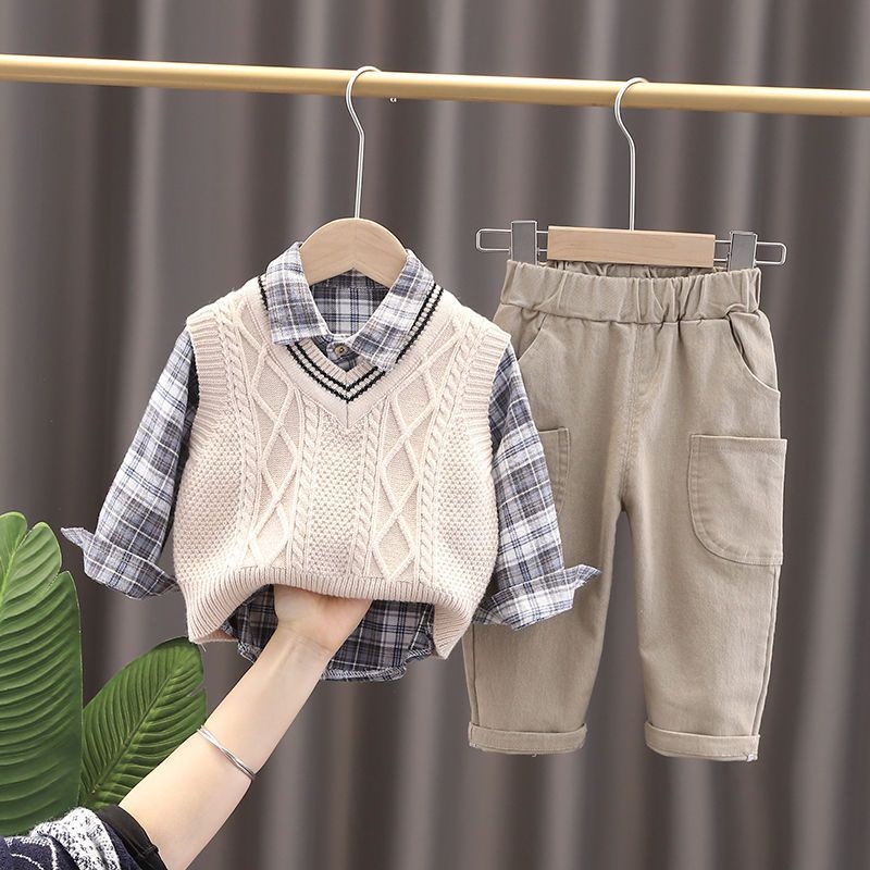 Cod sdfsdrgbwww sét ghi lê len 3 món cho bé trai siêu đẹp bộ áo sweater không tay quần dài phong cách hàn quốc thời trang xuân thu cho bé trai 2022