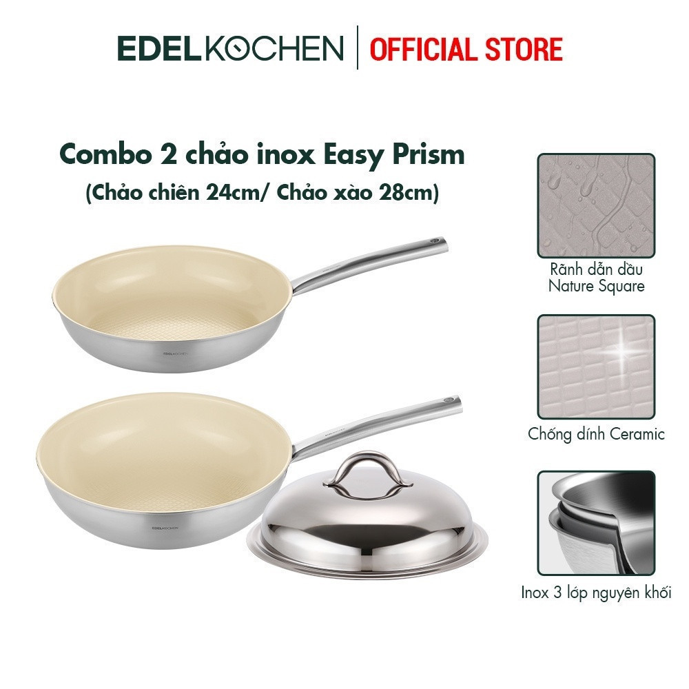 Combo 2 chảo inox Edelkochen Easy Prism - Màu Soy Milk (Chảo chiên 24cm/ Chảo xào 28cm)