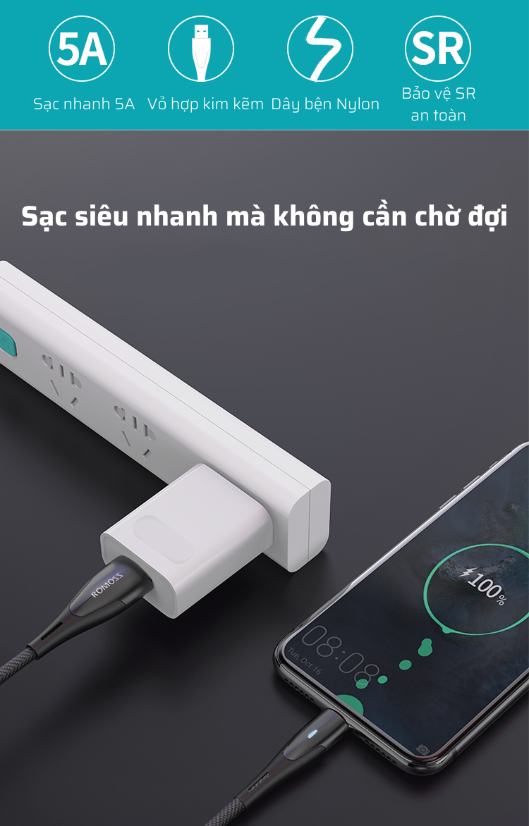 Cáp sạc nhanh Romoss, cáp sạc nhanh CB303 cổng kết nối Micro USB to type-C