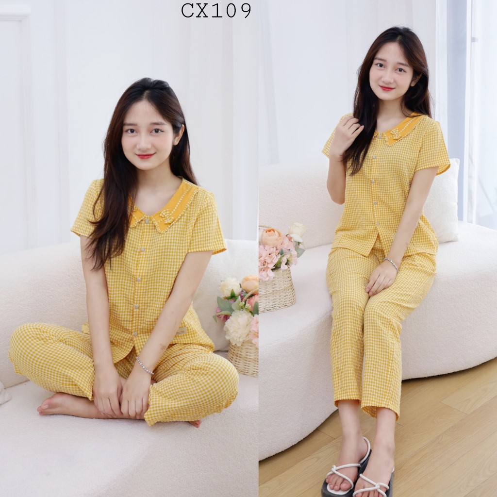Đồ bộ mặc nhà nữ, bộ thiết kế kẻ caro vải thô xốp mềm mát điểm nhấn nơ gắn cổ áo xinh xinh