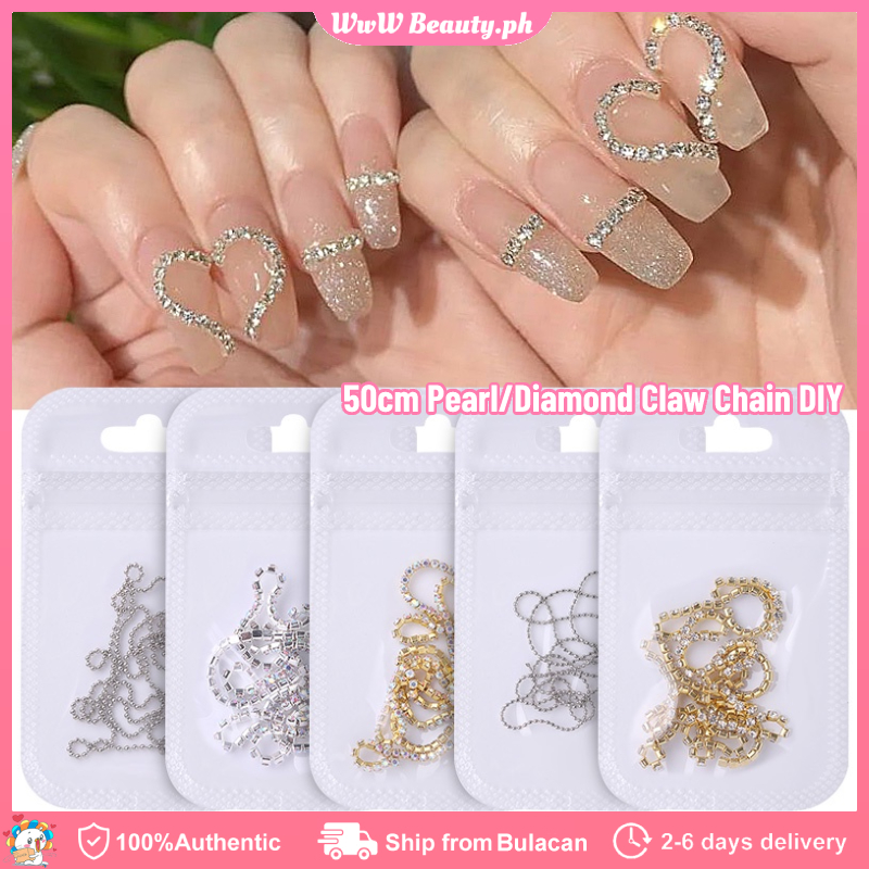 DIY 25cm Nail Charms Jewelry For Acrylic Nails Pearl Claw Chain Nail  Rhinestone