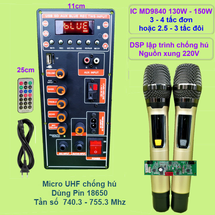 Mạch loa kéo IC MD9840 130W – 150W DSP lập trình chống hú, nguồn xung 220V kèm Micro