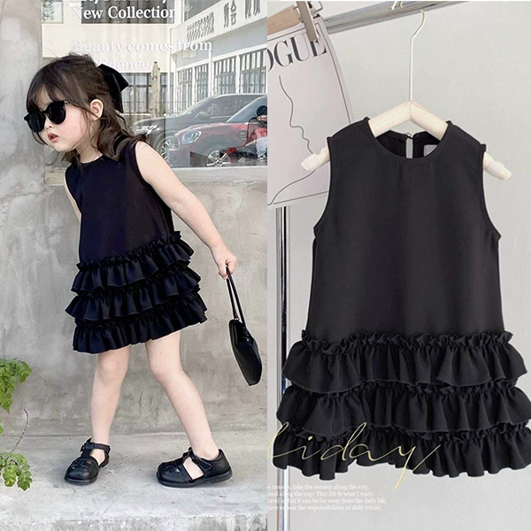 Đầm sát nách đen phối chân bèo tầng bé gái  LS_DN592