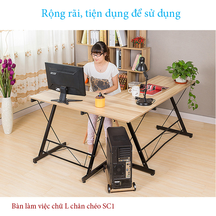 Bàn làm việc chữ L, Bàn máy tính kê góc để làm việc tiết kiệm diện tích, Bàn góc vuông gỗ MDF cao cấp có ngăn kéo chân chéo