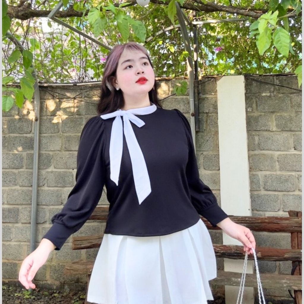 Áo thun tết đỏ Bigsize Nữ tay dài bồng cổ cột nơ xinh cách điệu thời trang vải nỉ tăm co giãn không kén da - G153