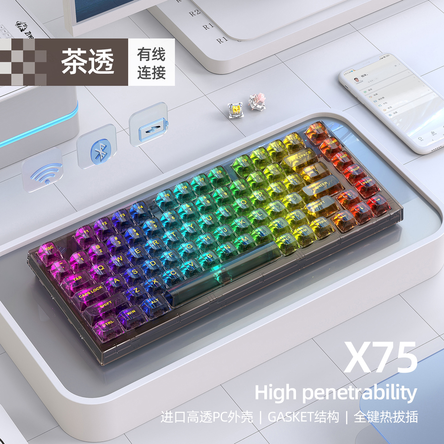 Xinmeng X75 wireless mechanical keyboard, Bluetooth transparent mask ...