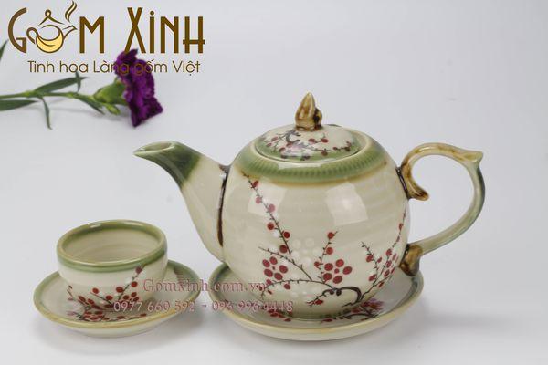 Bộ ấm chén Bát Tràng Chóp lửa men da lươn vẽ hoa đào