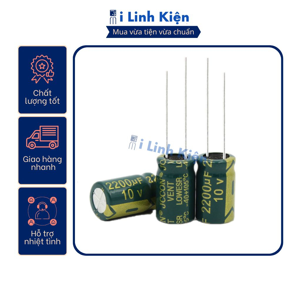 Tụ hóa 10v 2200uf 10x17mm tần số cao chất lượng tốt.
