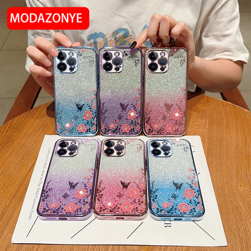 For iPhone 14 Pro Max Phone Case Glitter Bling Flower butterfly Soft Protective Back Cover For iPhone 14 Pro Max Case Girls