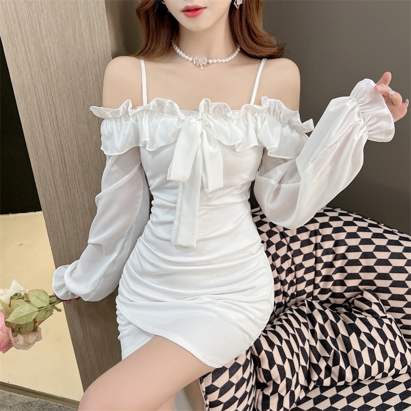 Newlan qz061 áo kiểu bèo tầng tay áo trễ vai tiểu thư đầm trễ vai tay lụa bóng ulzzang váy trắng hai dây buộc nơ hở vai