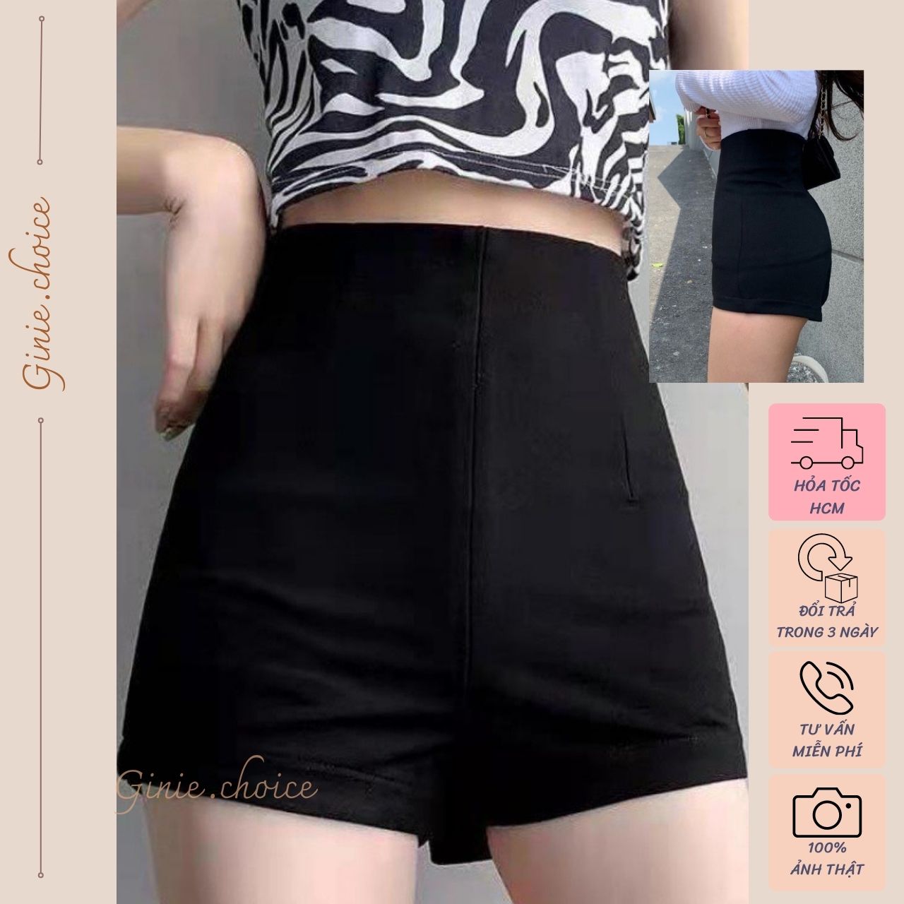 Quần short nữ lưng cao khóa kéo