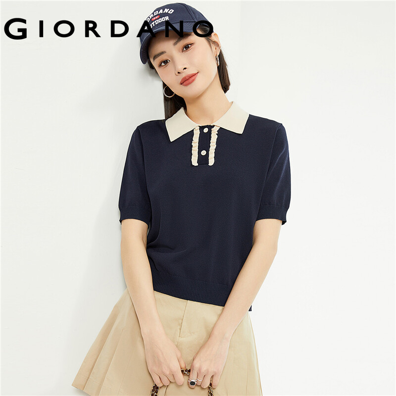 GIORDANO Women Polo Shirts Contrasting Polo Collar Knit Polo Shirts Summer Short Sleeve Fashion Casual Polo Shirts 18354204