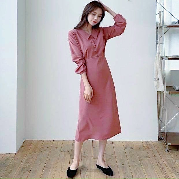Đầm hồng ruốc nút bọc thắt eo