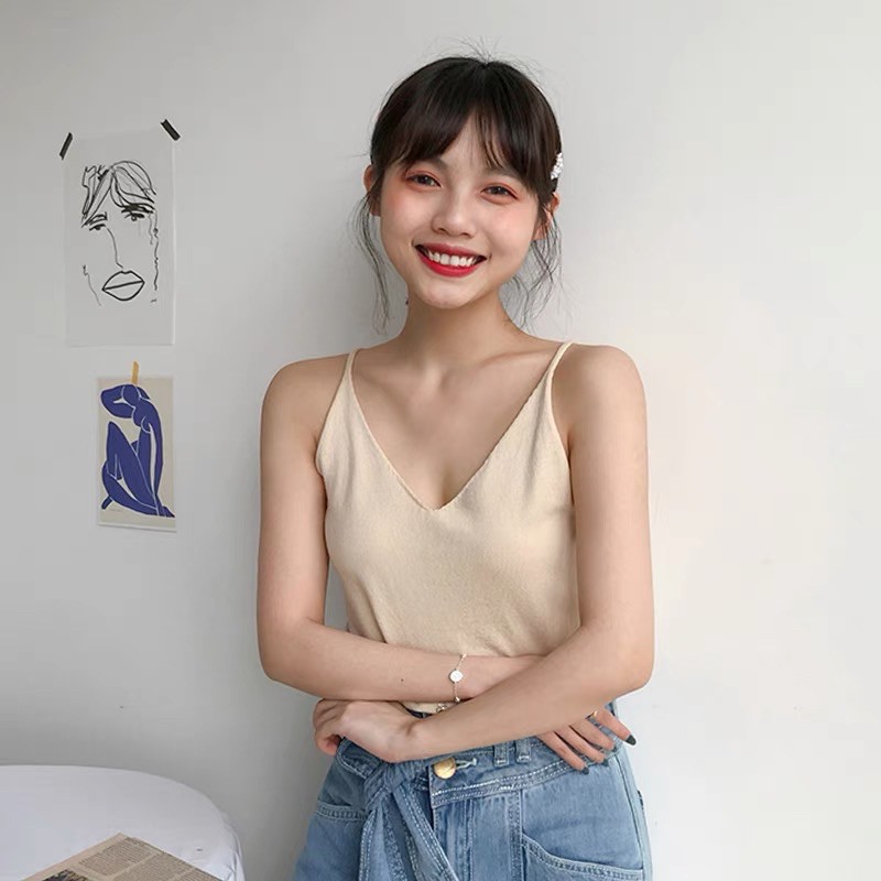 Áo 2 dây cổ tim len lông cừu siêu mềm