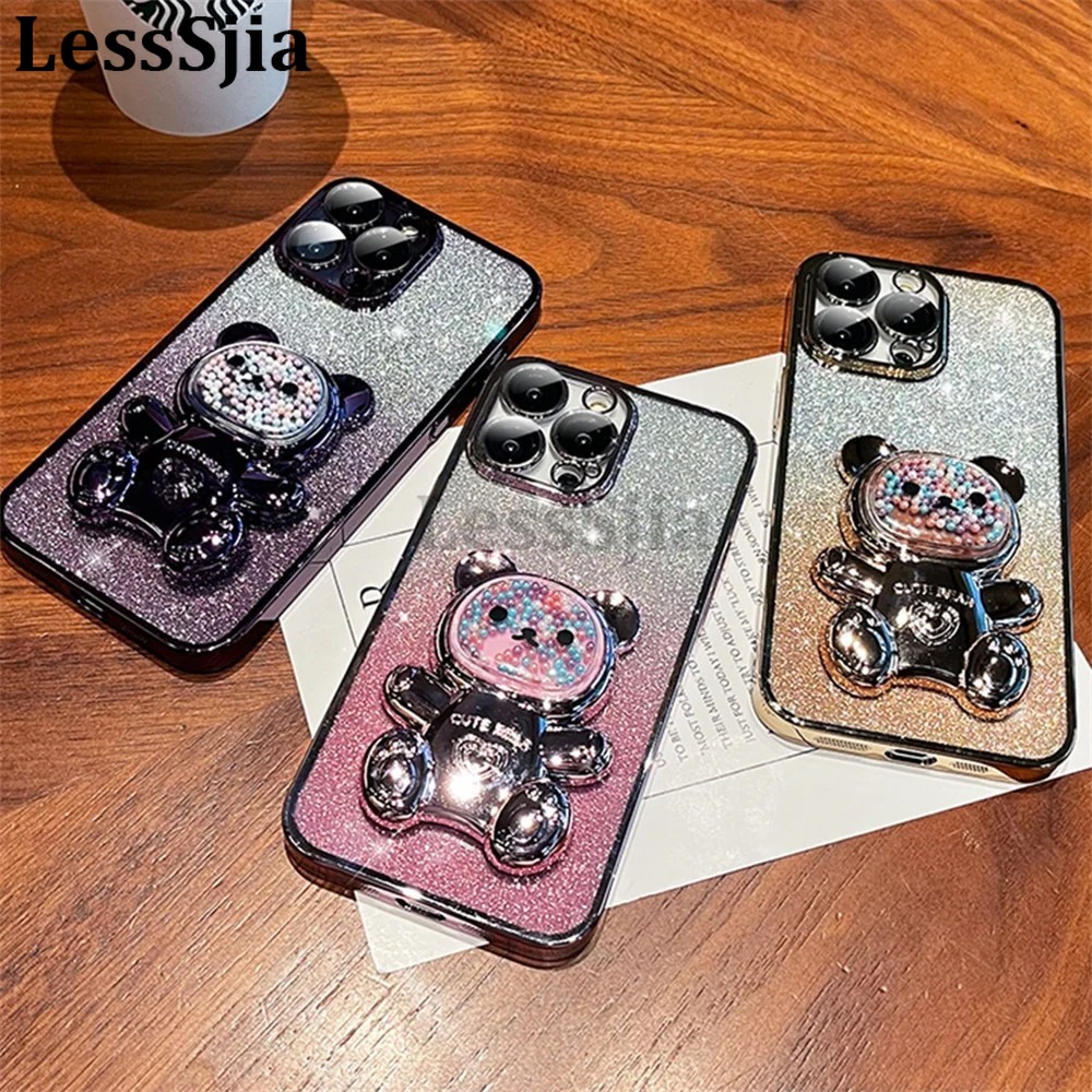 For OPPO Reno 13 Pro 13F Case with Gradient 3D Bear Folding Stand Bracket Luxury Slim 6D Plating Glitter Girls for OPPO Reno 13F 13 Pro Back Cover.