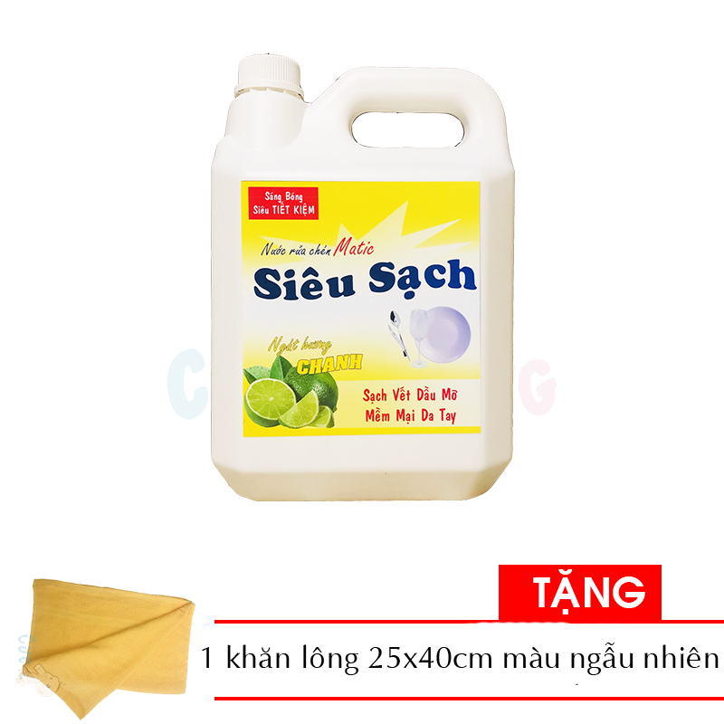 Nước rửa chén hương chanh Matic Siêu Sạch can 5kg Tặng 1 khăn lông 25x40cm