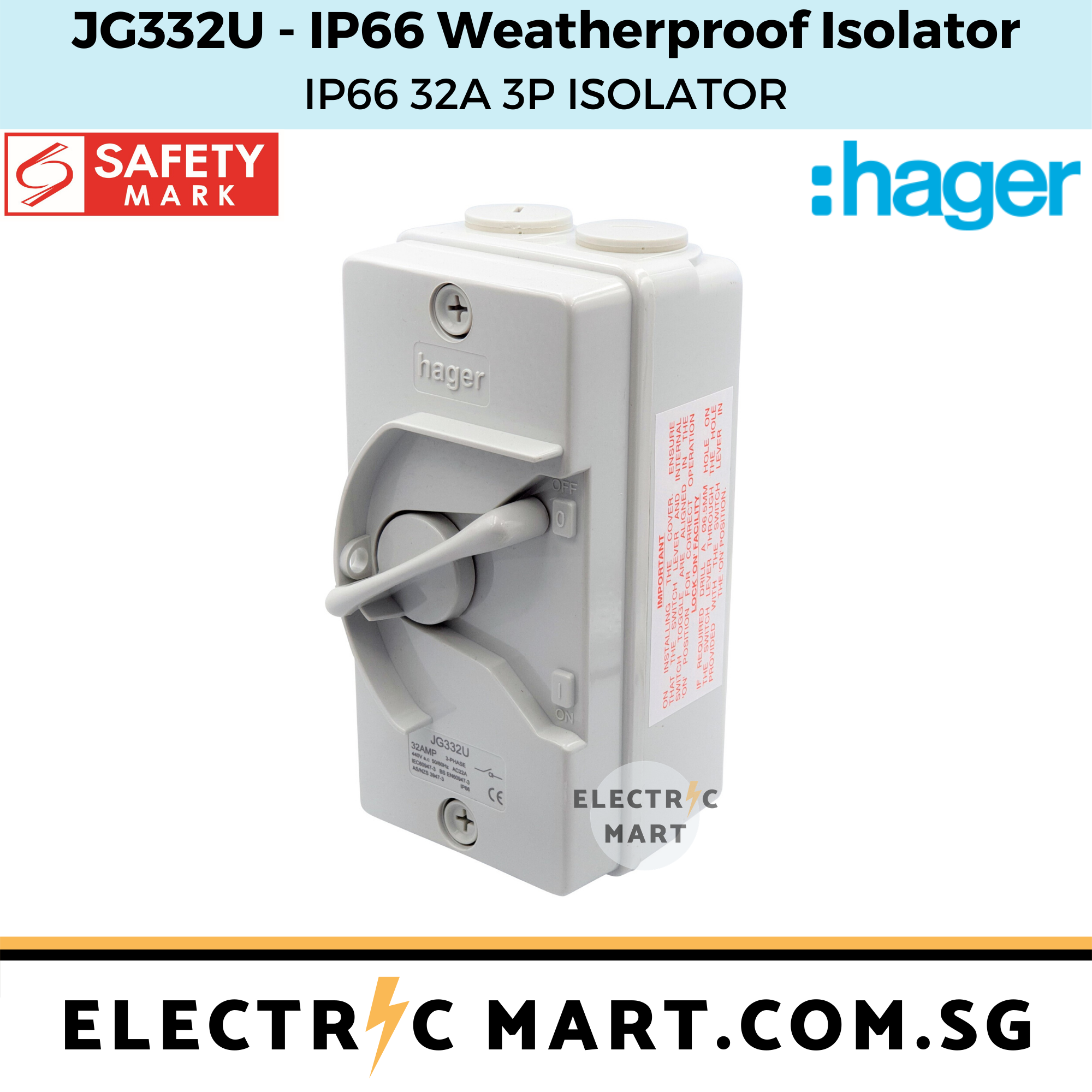 hager JG332U 32A 3 pole 3P PVC Weatherproof Isolator (IP66) Lazada