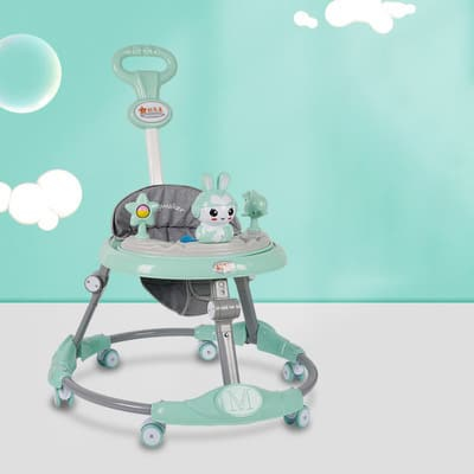 Xe tập đi tròn rộng khung sắt có nhạc và đồ chơi kết hợp bàn ăn có tay đẩy