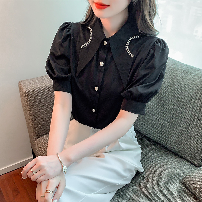 YIGE Beaded lapel high-quality temperament white blouse women's 2022 summer new casual top