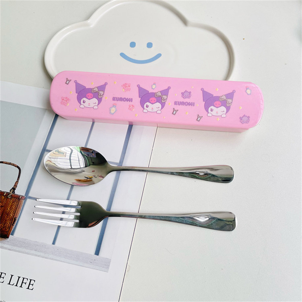 Hourser 2Pcs sanrio Flatware Sets spoon+fork+chopsticks Stainless Steel Tableware with storage box