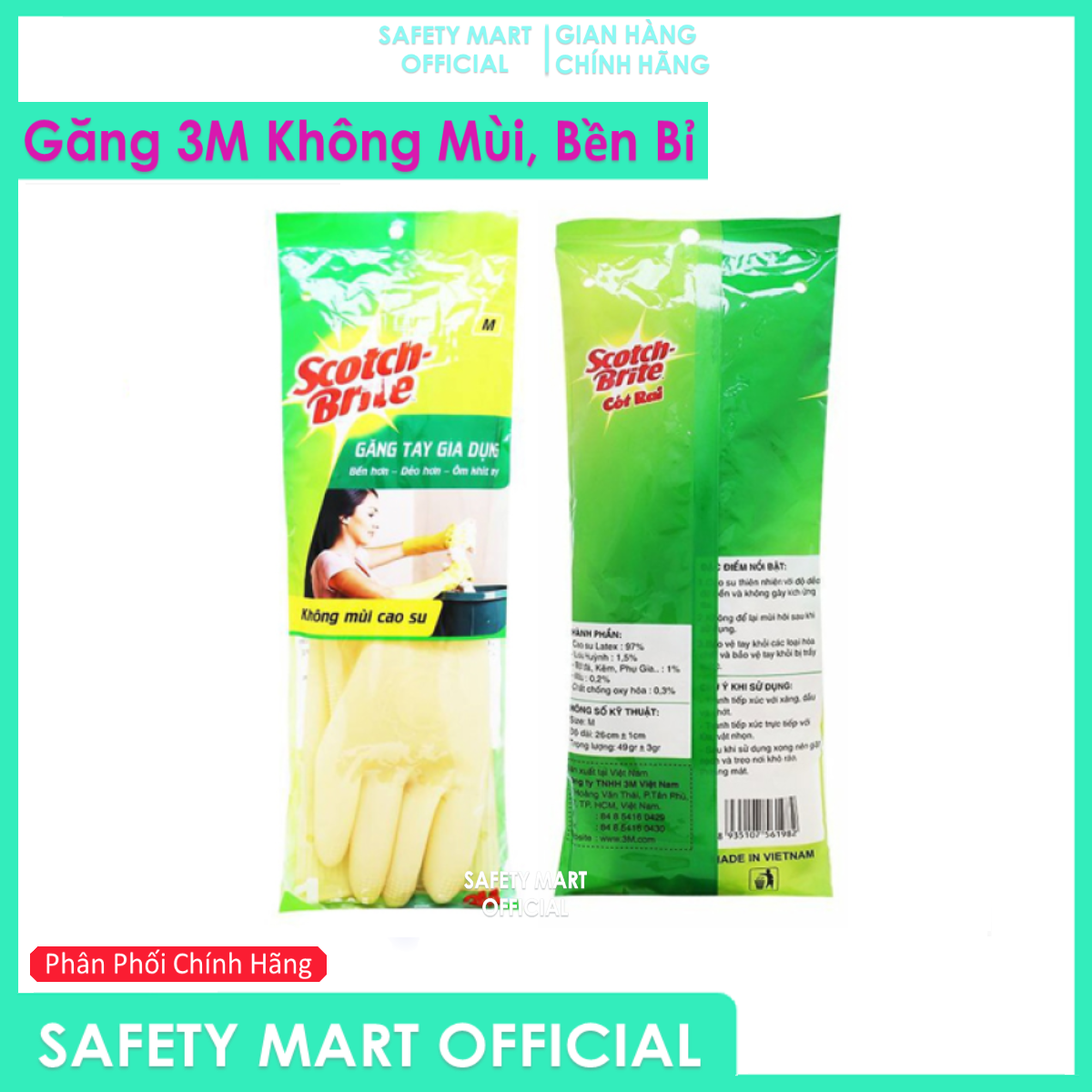 Gloves labor protection gloves household 3M Scotch Brite multipurpose 26cm yellow light, made from natural rubber, durable, safe to skin, độ long draping good-safety Mart official