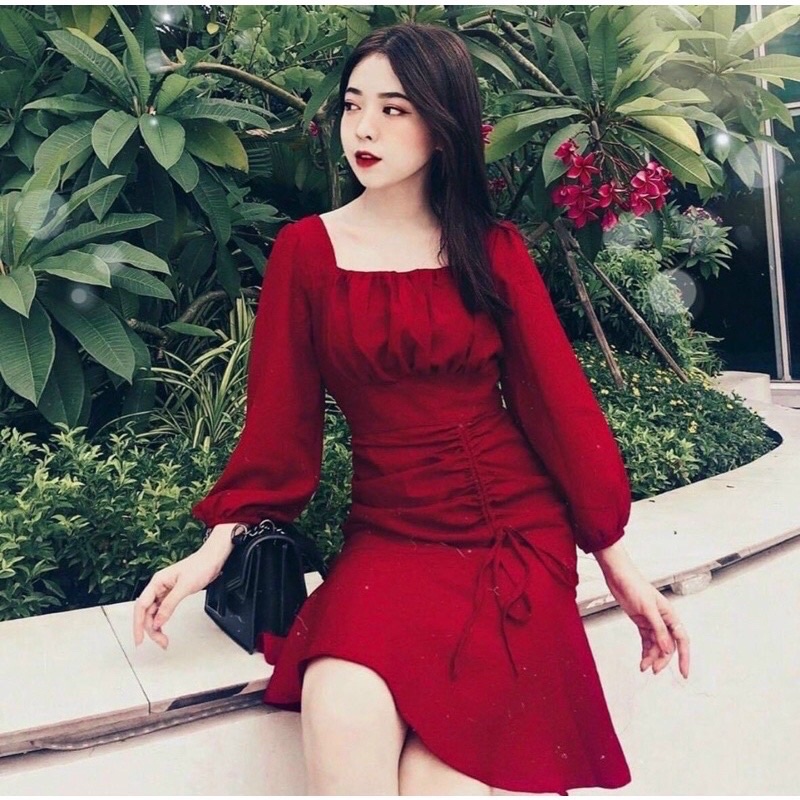 Đầm nhúng ngực tùng rút dây tay dài 3 màu