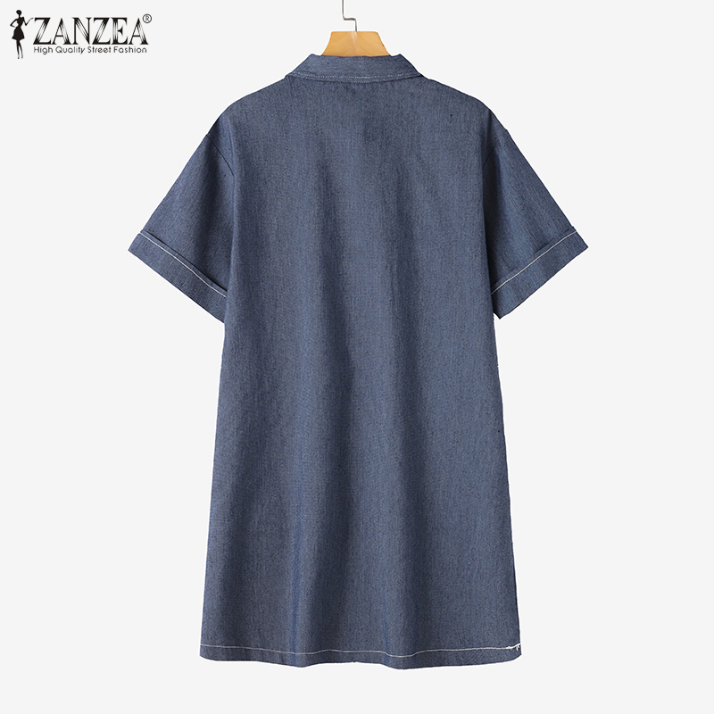 ZANZEA%20Korean%20Style%20Women's%20Dress%20New%20Fashion%20Short%20Sleeve%20Lapel%20Denim%20Shirtdress%20Plain%20Mini%20Dresses%20-%20Image%207