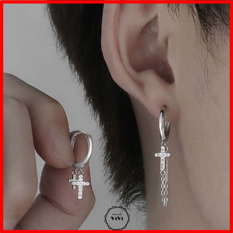 Bông tai bạc nam Thánh Giá tua rua Crucifix 10mm – khuyên tai bạc ViVi_Gift