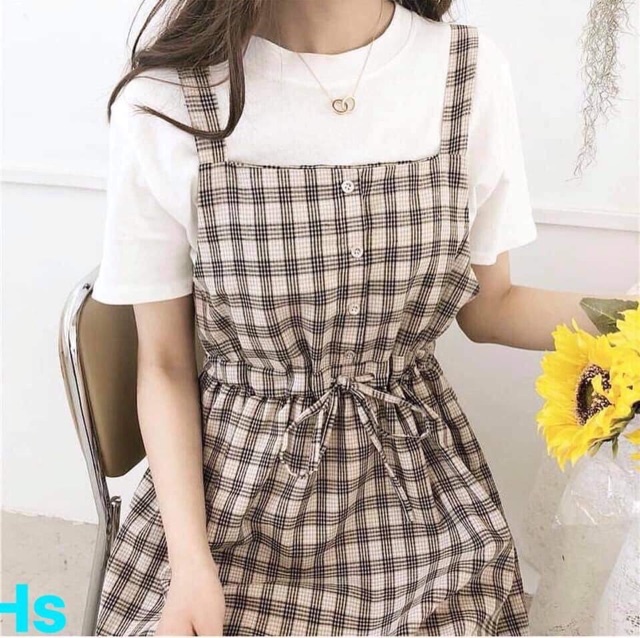 [ SIÊU HOT + PHONG CÁCH ] Sét Yếm váy kẻ ( kèm áo ) thắt eo siêu xinh.