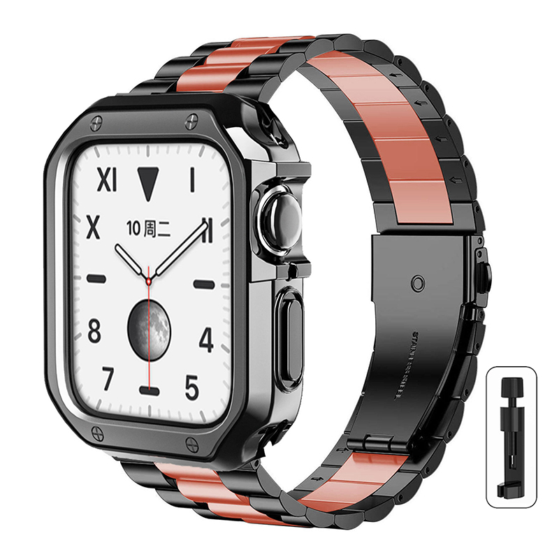 plating silicone case and Stainless Steel Strap+tool for apple watch 41mm 45mm 44mm 40mm 42mm 38mm Metal band bracelet for Apple Watch Series 8 7 6 SE 5 4 3(excluding watches)