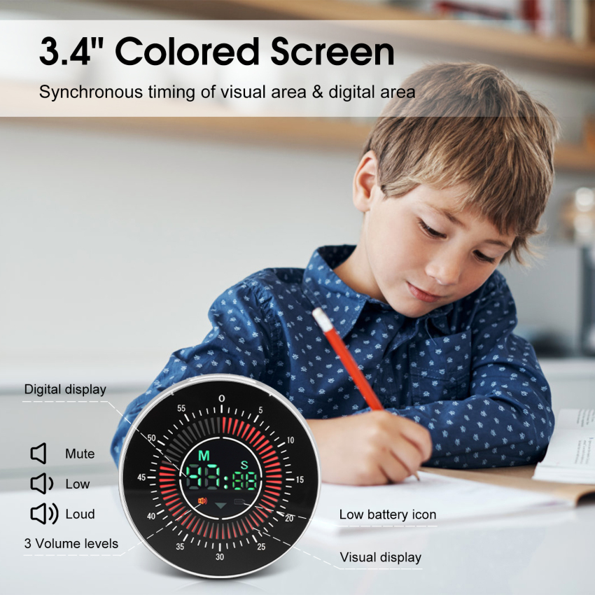 Pro Digital Rechargeable Visual Timer With 3.4 Inch Colour Screen, 60 Minutes Countdown Kitchen Timer For Children Adults, Time Management Tool For Learning Work Cooking Teaching