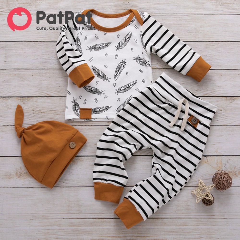 PatPat Baby Set 100% Cotton 3pcs Stripe and Feather Print Long-sleeve Baby Set